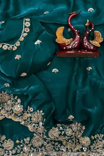 Emerald Color Beads And  Sequence Embroidery Work Space Silk Blend Saree