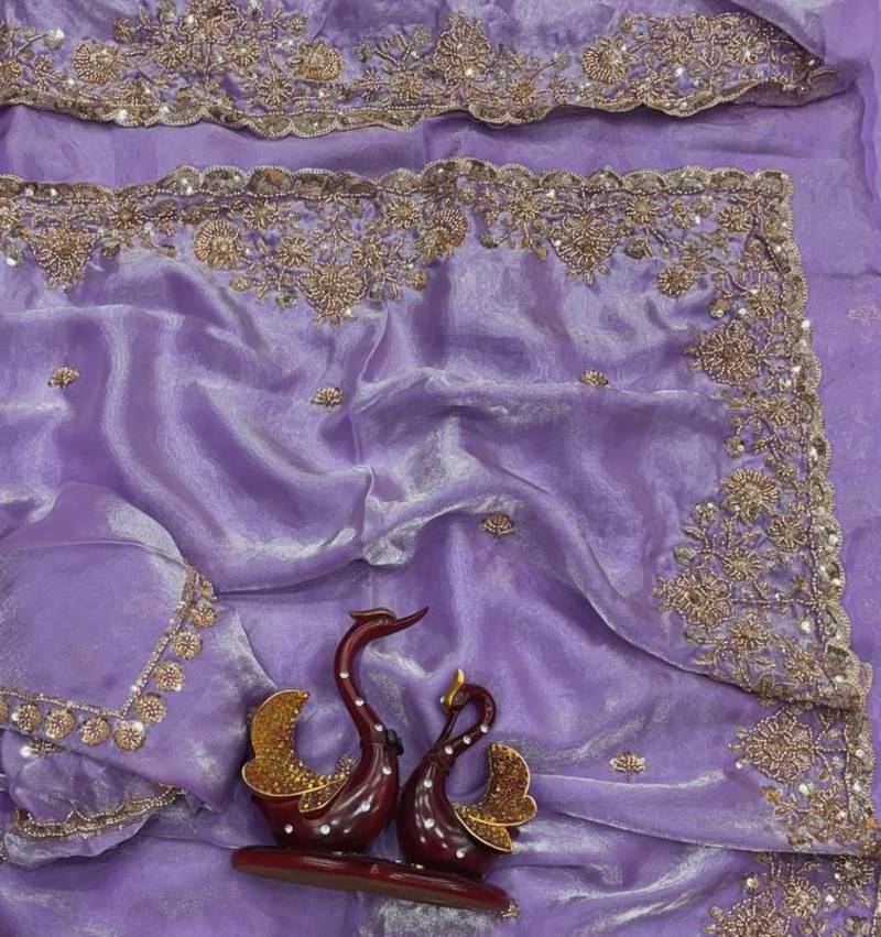 Lavender Color Beads And  Sequence Embroidery Work Space Silk Blend Saree