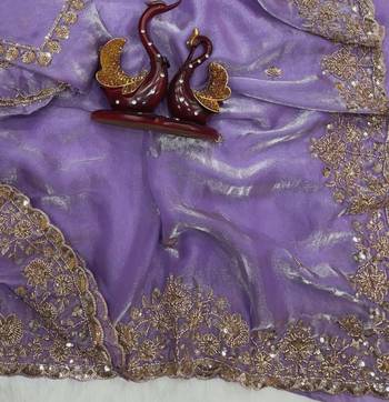 Lavender Color Beads And  Sequence Embroidery Work Space Silk Blend Saree 2