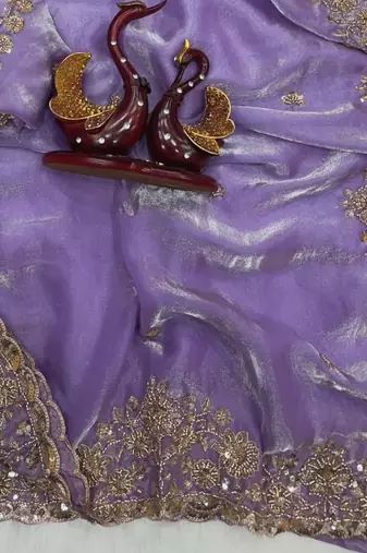 Lavender Color Beads And  Sequence Embroidery Work Space Silk Blend Saree