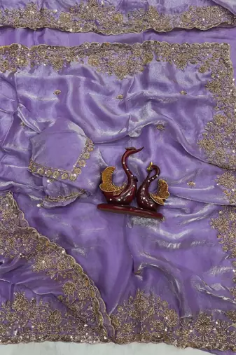 Lavender Color Beads And  Sequence Embroidery Work Space Silk Blend Saree