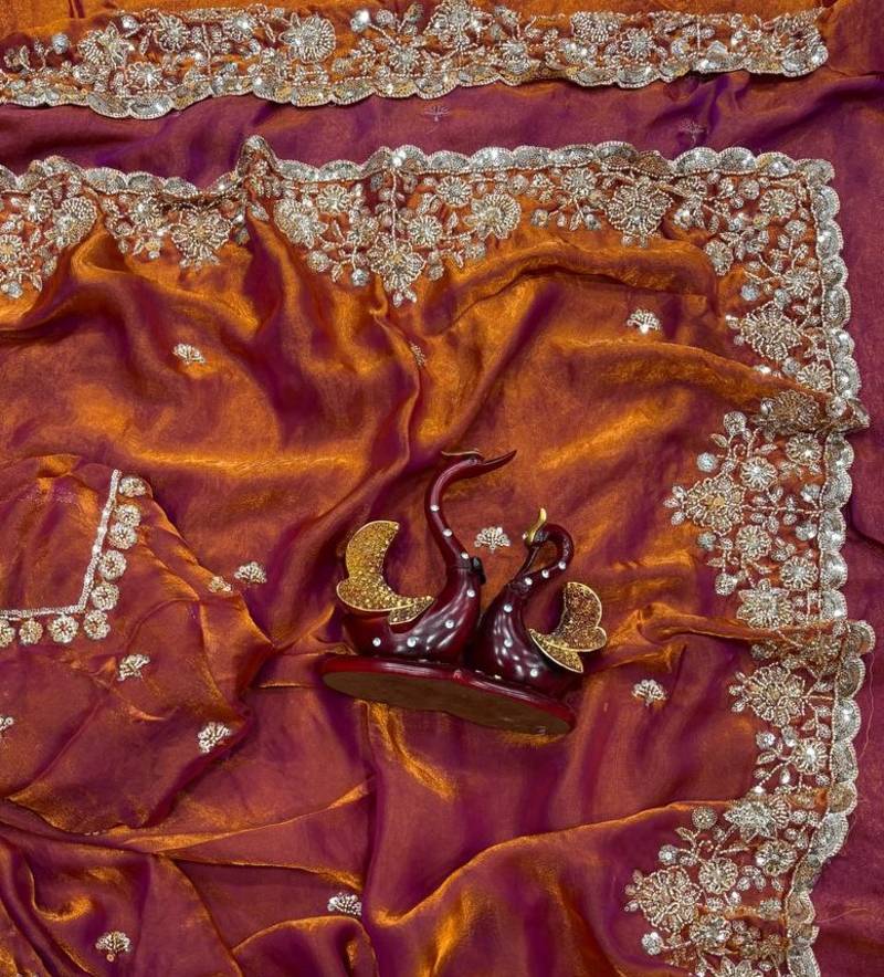Orange Color Beads And  Sequence Embroidery Work Space Silk Blend Saree