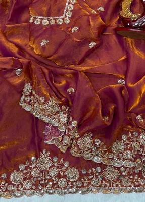 Orange Color Beads And  Sequence Embroidery Work Space Silk Blend Saree 2