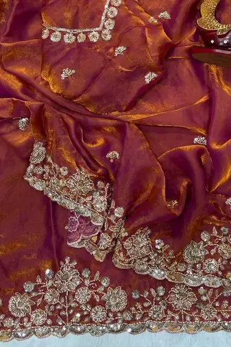 Orange Color Beads And  Sequence Embroidery Work Space Silk Blend Saree
