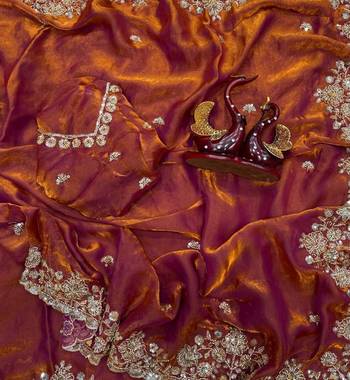Orange Color Beads And  Sequence Embroidery Work Space Silk Blend Saree 3