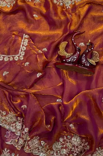 Orange Color Beads And  Sequence Embroidery Work Space Silk Blend Saree