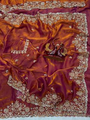 Orange Color Beads And  Sequence Embroidery Work Space Silk Blend Saree 4