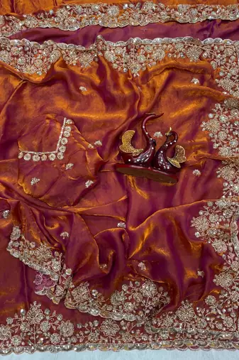 Orange Color Beads And  Sequence Embroidery Work Space Silk Blend Saree