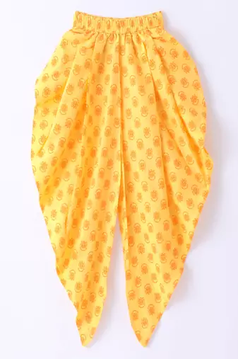 woven cotton sleeveless printed top with printed dhoti-coral & yellow