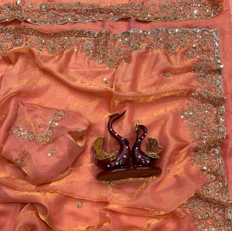 Peach Color Beads And  Sequence Embroidery Work Space Silk Blend Saree