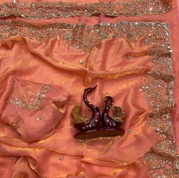 Peach Color Beads And  Sequence Embroidery Work Space Silk Blend Saree 1