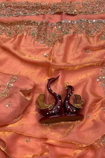 Peach Color Beads And  Sequence Embroidery Work Space Silk Blend Saree