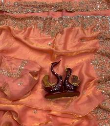 Peach Color Beads And  Sequence Embroidery Work Space Silk Blend Saree