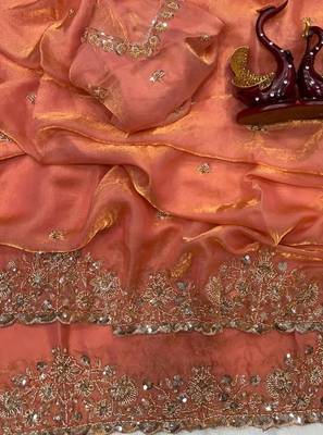 Peach Color Beads And  Sequence Embroidery Work Space Silk Blend Saree 2