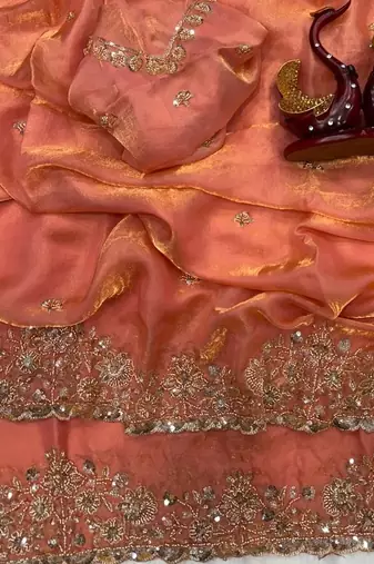 Peach Color Beads And  Sequence Embroidery Work Space Silk Blend Saree
