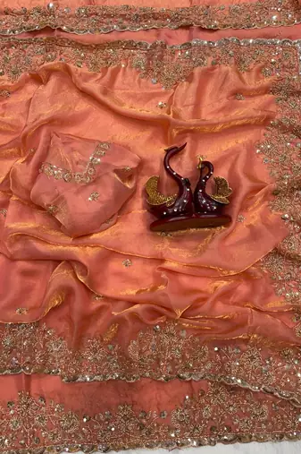 Peach Color Beads And  Sequence Embroidery Work Space Silk Blend Saree