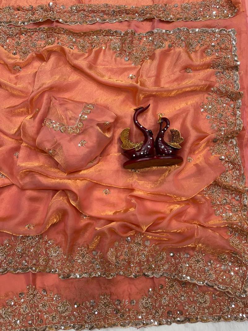 Peach Color Beads And  Sequence Embroidery Work Space Silk Blend Saree