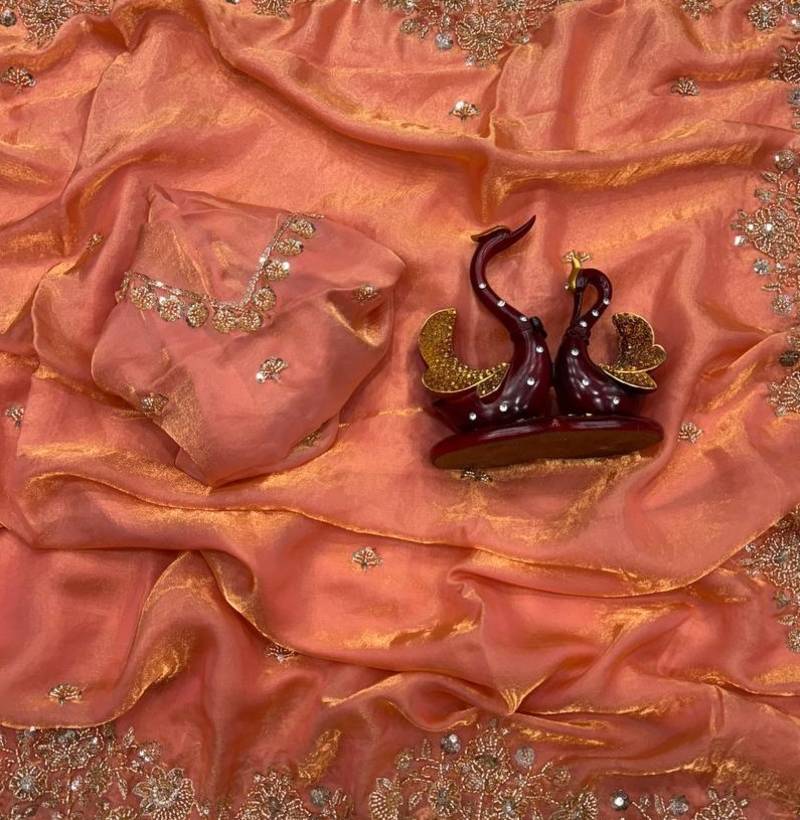 Peach Color Beads And  Sequence Embroidery Work Space Silk Blend Saree