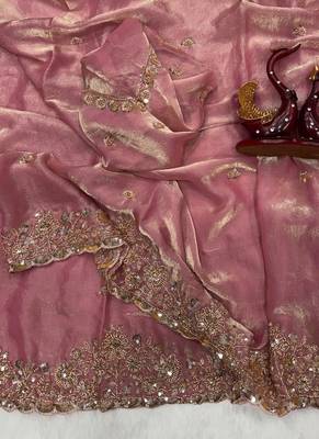 Pink Color Beads And  Sequence Embroidery Work Space Silk Blend Saree 2