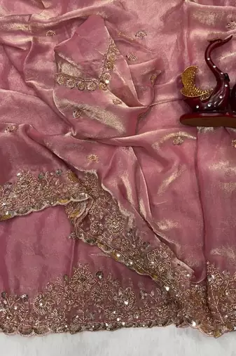 Pink Color Beads And  Sequence Embroidery Work Space Silk Blend Saree