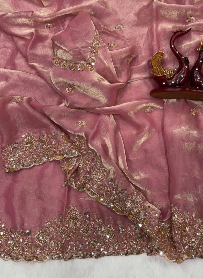Pink Color Beads And  Sequence Embroidery Work Space Silk Blend Saree