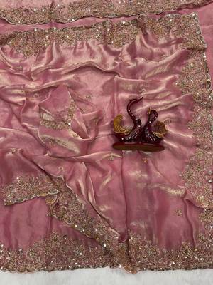 Pink Color Beads And  Sequence Embroidery Work Space Silk Blend Saree 3