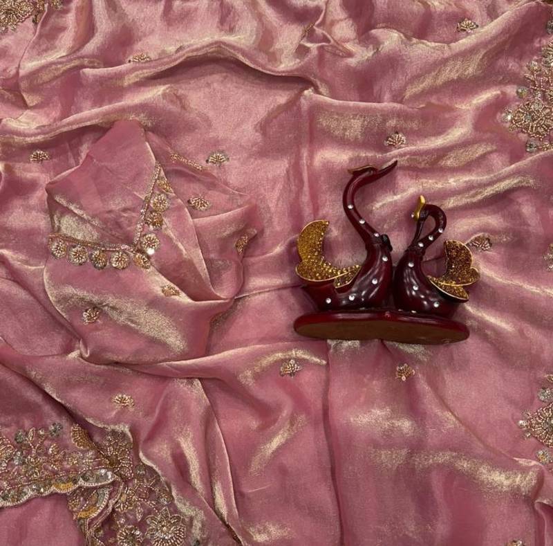 Pink Color Beads And  Sequence Embroidery Work Space Silk Blend Saree