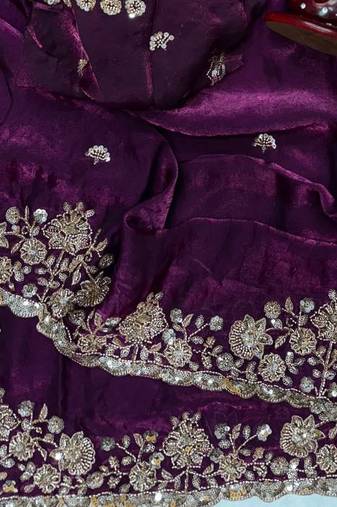 Plum Color Beads And  Sequence Embroidery Work Space Silk Blend Saree