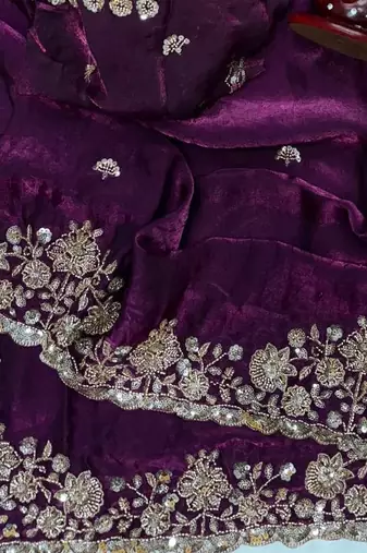 Plum Color Beads And  Sequence Embroidery Work Space Silk Blend Saree