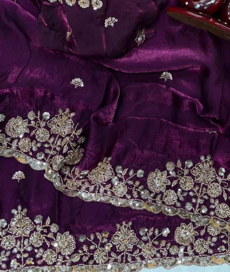 Plum Color Beads And  Sequence Embroidery Work Space Silk Blend Saree