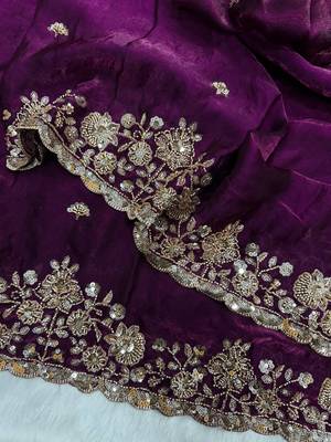 Plum Color Beads And  Sequence Embroidery Work Space Silk Blend Saree 2