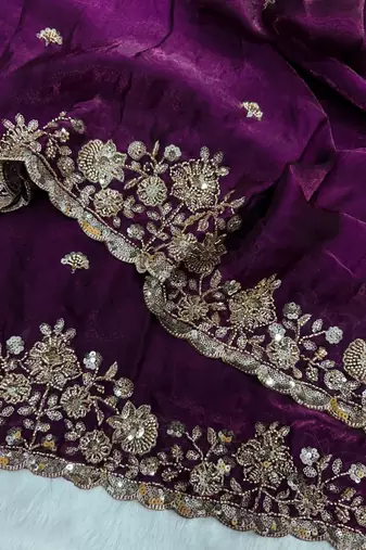 Plum Color Beads And  Sequence Embroidery Work Space Silk Blend Saree