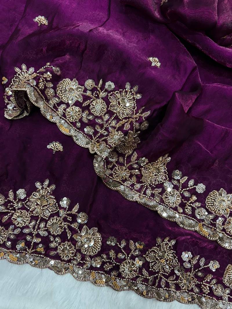 Plum Color Beads And  Sequence Embroidery Work Space Silk Blend Saree