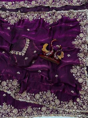 Plum Color Beads And  Sequence Embroidery Work Space Silk Blend Saree 3