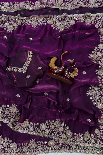 Plum Color Beads And  Sequence Embroidery Work Space Silk Blend Saree