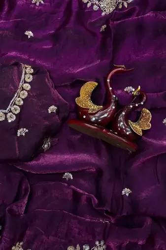 Plum Color Beads And  Sequence Embroidery Work Space Silk Blend Saree