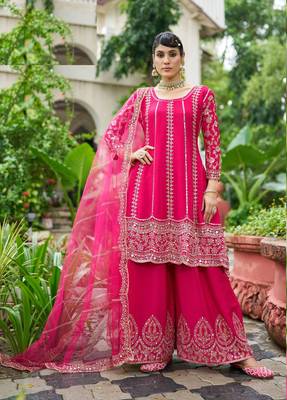 Rani pink real mirror chinon silk full stitched wedding party wear sharara salwar suit with net dupatta 1