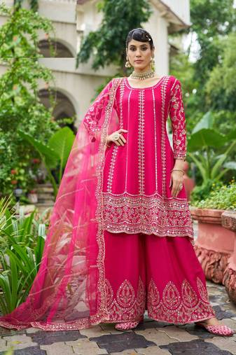 Rani pink real mirror chinon silk full stitched wedding party wear sharara salwar suit with net dupatta