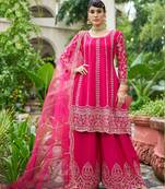 Rani pink real mirror chinon silk full stitched wedding party wear sharara salwar suit with net dupatta