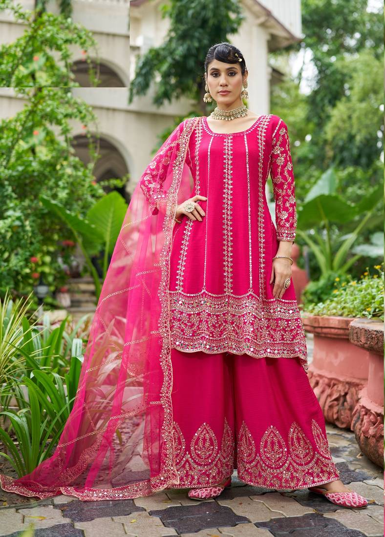 Rani pink real mirror chinon silk full stitched wedding party wear sharara salwar suit with net dupatta