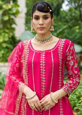 Rani pink real mirror chinon silk full stitched wedding party wear sharara salwar suit with net dupatta 2