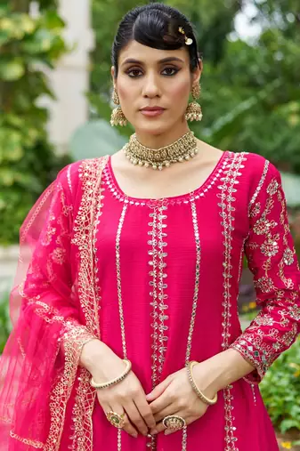 Rani pink real mirror chinon silk full stitched wedding party wear sharara salwar suit with net dupatta