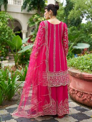 Rani pink real mirror chinon silk full stitched wedding party wear sharara salwar suit with net dupatta 3