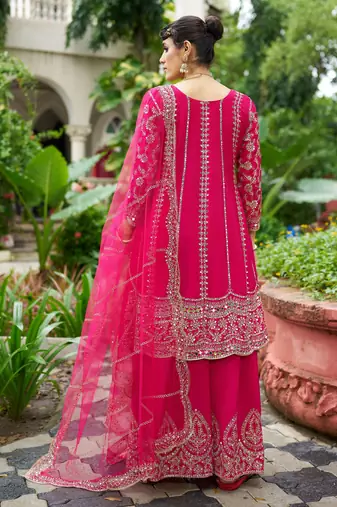 Rani pink real mirror chinon silk full stitched wedding party wear sharara salwar suit with net dupatta