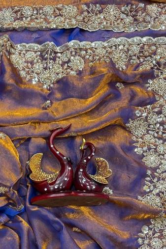 Violet Color Beads And  Sequence Embroidery Work Space Silk Blend Saree