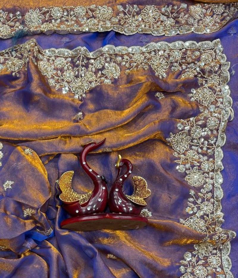 Violet Color Beads And  Sequence Embroidery Work Space Silk Blend Saree