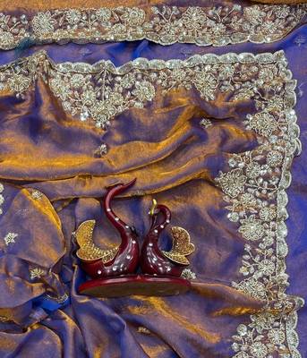 Violet Color Beads And  Sequence Embroidery Work Space Silk Blend Saree 1