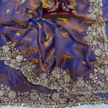 Violet Color Beads And  Sequence Embroidery Work Space Silk Blend Saree 2