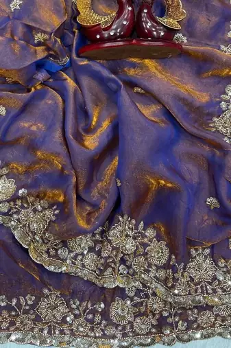 Violet Color Beads And  Sequence Embroidery Work Space Silk Blend Saree