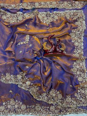 Violet Color Beads And  Sequence Embroidery Work Space Silk Blend Saree 3